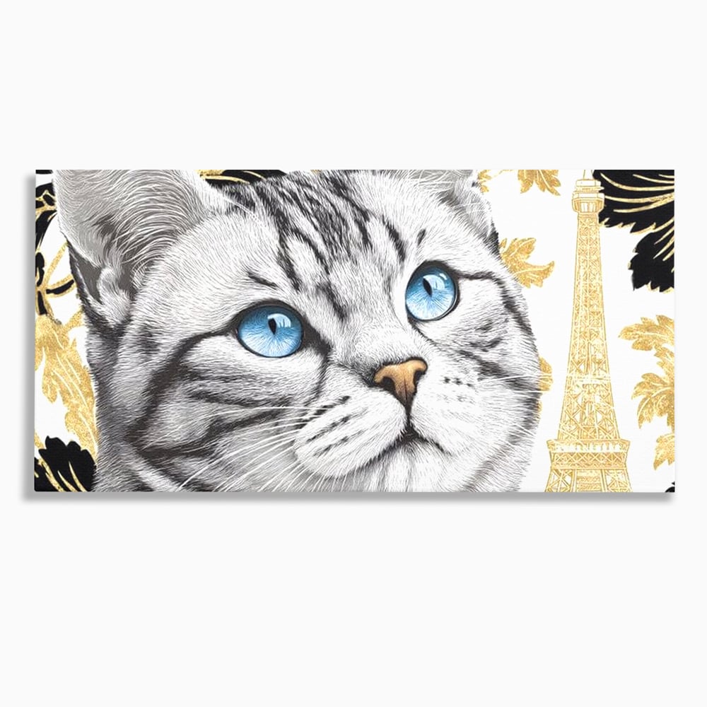Tablou canvas cu tablou canvas cu pisica si turnul eiffel, fara rama, pe sasiu de lemn